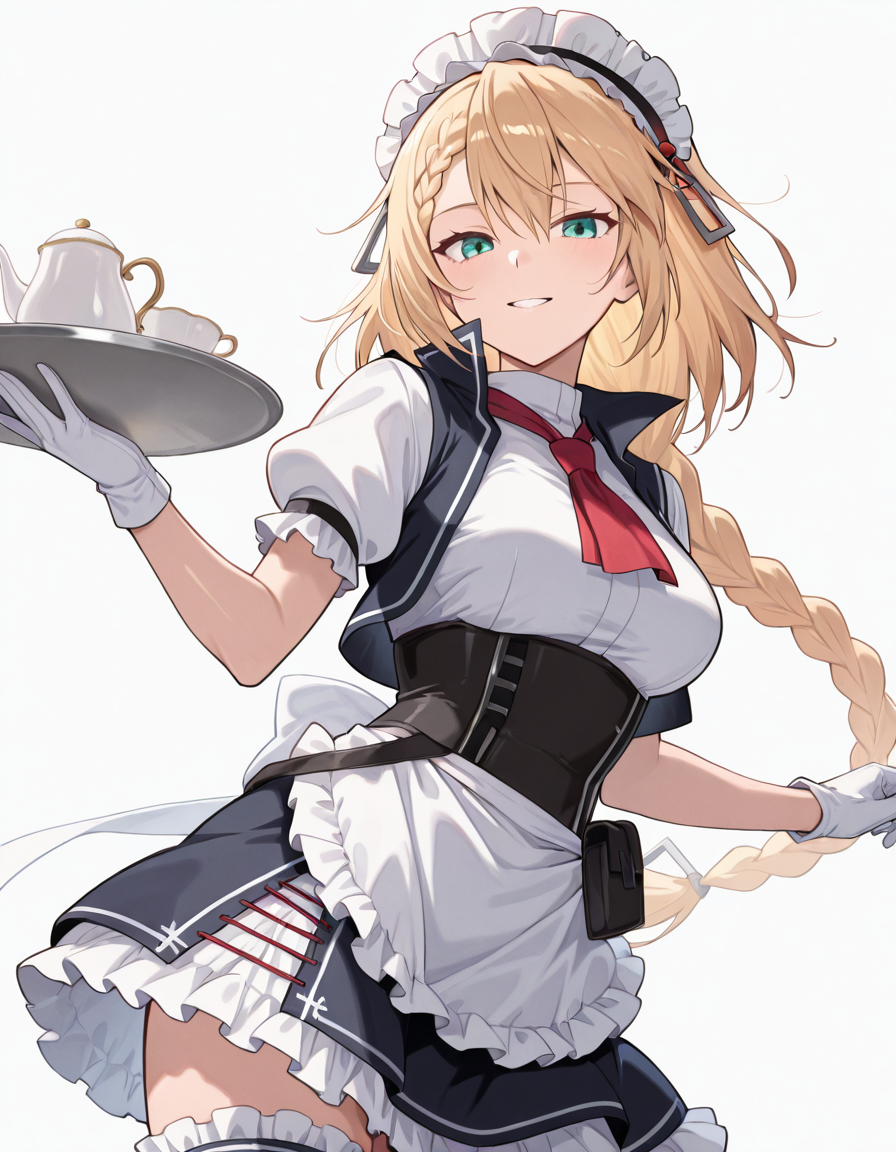 Volumetric Lighting, (masterpiece), (best quality), (ultra-detailed), masterpiece, source_anime, score_9, score_8_up, score_7_up BREAK, illustration, disheveled hair, detailed eyes, perfect composition, moist skin, intricate details, detailed eyes, detailed face, detailed fingers BREAK, G36,blonde hair, blue eyes, braided bangs, braided ponytail,very long braid BREAK, G36def,def_dress, def_corset, def_maid_headdress, def_maid_apron, def_ascot, def_vest, def_gloves, def_skirt,def_bridal_garter,def_pouch BREAK, looking at viewer, simple background, white background, holding, medium breasts, upper body, cup, aqua eyes, tray, teacup, holding tray, teapot, smile