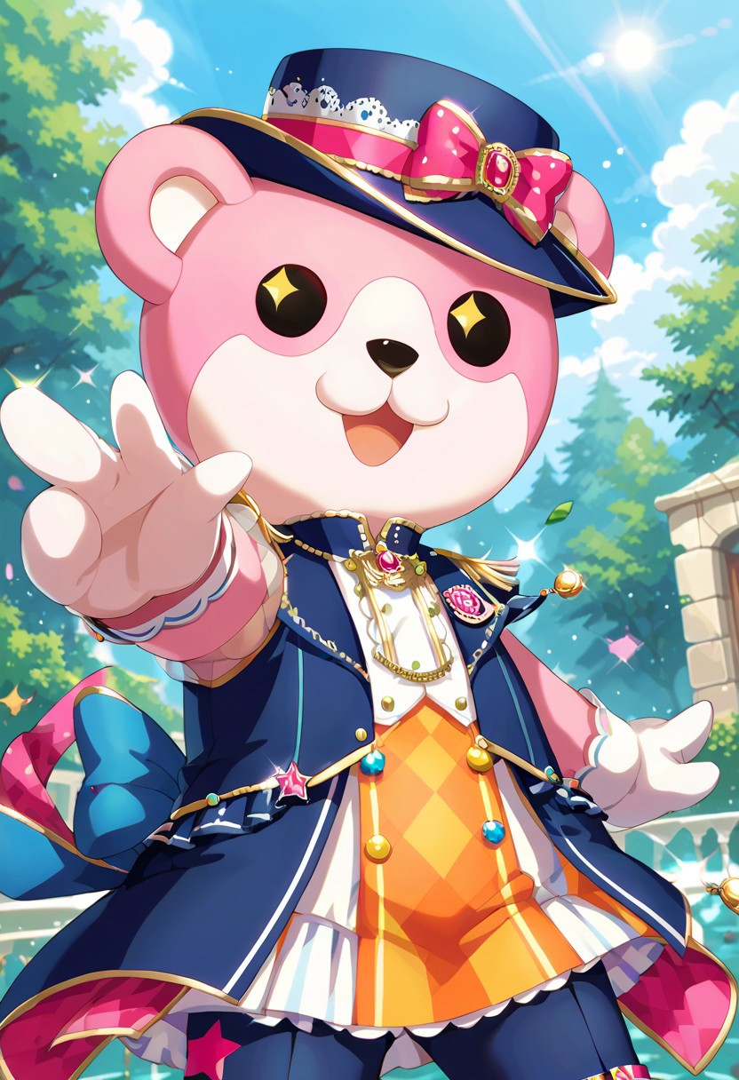 score_9, score_8, score_7, source_anime, michelle (bang dream!), solo, :3, 1girl, open mouth, smile, looking at viewer, bow, gloves, :d, hat