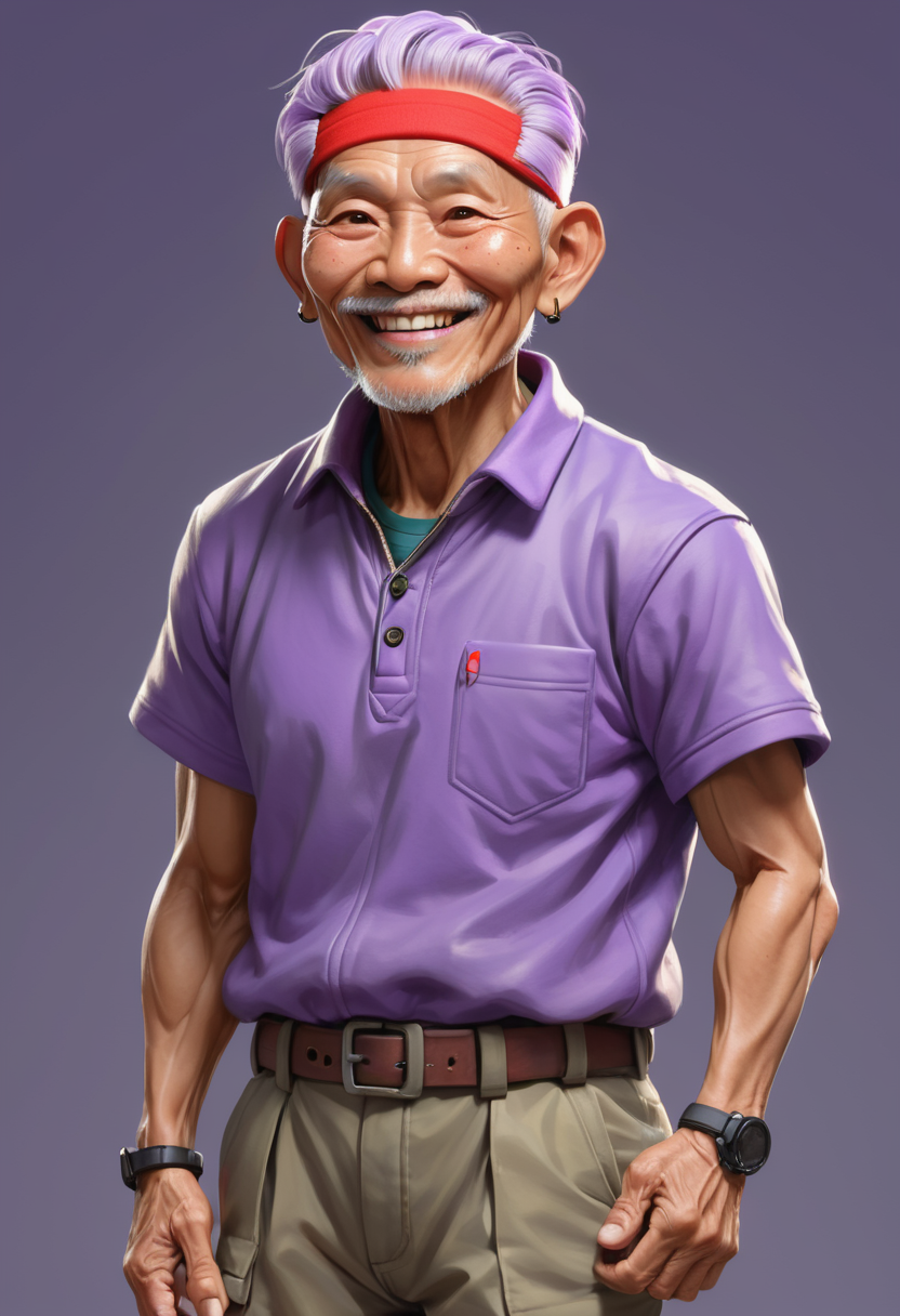 hyper detailed masterpiece, dynamic, awesome quality, male geriatric well-defined, southeast asian, black eyes,  round nose,  protruding jaw,   heart face shape with pointed chin, sculpted quadriceps, laugh lines, lavender short and messy hairstyle hair, hope wearing  hiking pants,  turtleneck t-shirt,   ear warmers ,tote bag , hands on cheeks, displaying surprise