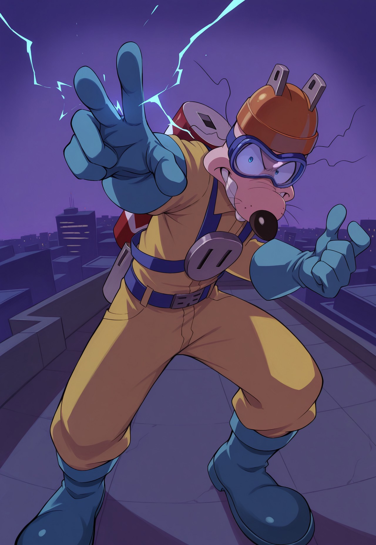 safe_pos, score_9, score_8_up, score_7_up, score_6_up, score_5_up, score_4_up, 1boy, solo, looking at viewer, anthro, megavolt, orange helmet, safety goggles, buck teeth, two protruding hairs on each side, ((four fingers)), yellow overall, red battery on back, plug on chest, blue gloves, blue boots, evil smiling, rooftop setting, perspective, dynamic pose, electrokinesis, electricity