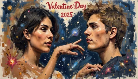 positiv Clip L: aidmatextimprover, sketch painting,    Above both, the text shines from the stars in a heart: "Valentine's Day 2025", Two celestial beings, one (female:0.8) made of glowing stardust, the male one formed from nebulae in space, reach out their hands in an infinite cosmic embrace. Planets and galaxies swirl around them in a mesmerizing dance of eternal love. positiv Clip G: aidmatextimprover, sketch painting,    Above both, the text shines from the stars in a heart: "Valentine's Day 2025", Two celestial beings, one (female:0.8) made of glowing stardust, the male one formed from nebulae in space, reach out their hands in an infinite cosmic embrace. Planets and galaxies swirl around them in a mesmerizing dance of eternal love.