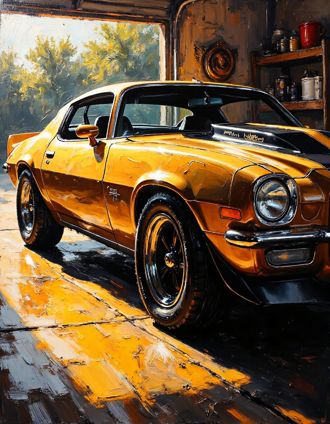 A nostalgic oil painting showcases a sleek 1970 Chevrolet Camaro SS parked proudly on a sun-drenched garage floor, its vibrant chrome accents gleaming in the warm light as it seems to embody the spirit of a bygone era, while the bold lines and angular silhouette of the car's exterior are rendered with meticulous attention to detail, and the subtle patina of age on its surface adds a sense of weathered charm to the overall image.