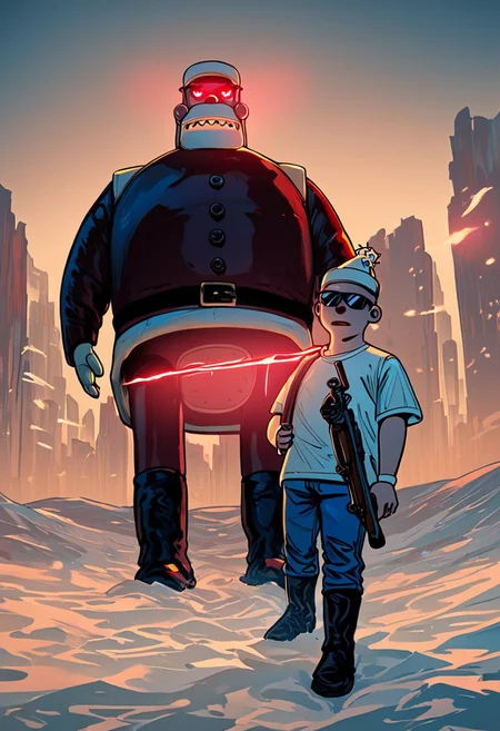 score_9, score_8_up, score_7_up, score_6_up, source_cartoon, High-Res, High Quality, (masterpiece, best quality, highly detailed), crisp image, clear image, high detail, very close up, cinematic, dynamic angle, r0b0t_s4nta_c1aus, Terminator style, 1boy, robot santa claus, black leather jacket, blue jeans, biker boots, white t-shirt, black sunglasses, one red glowing eye, holding an M16 Rifle series