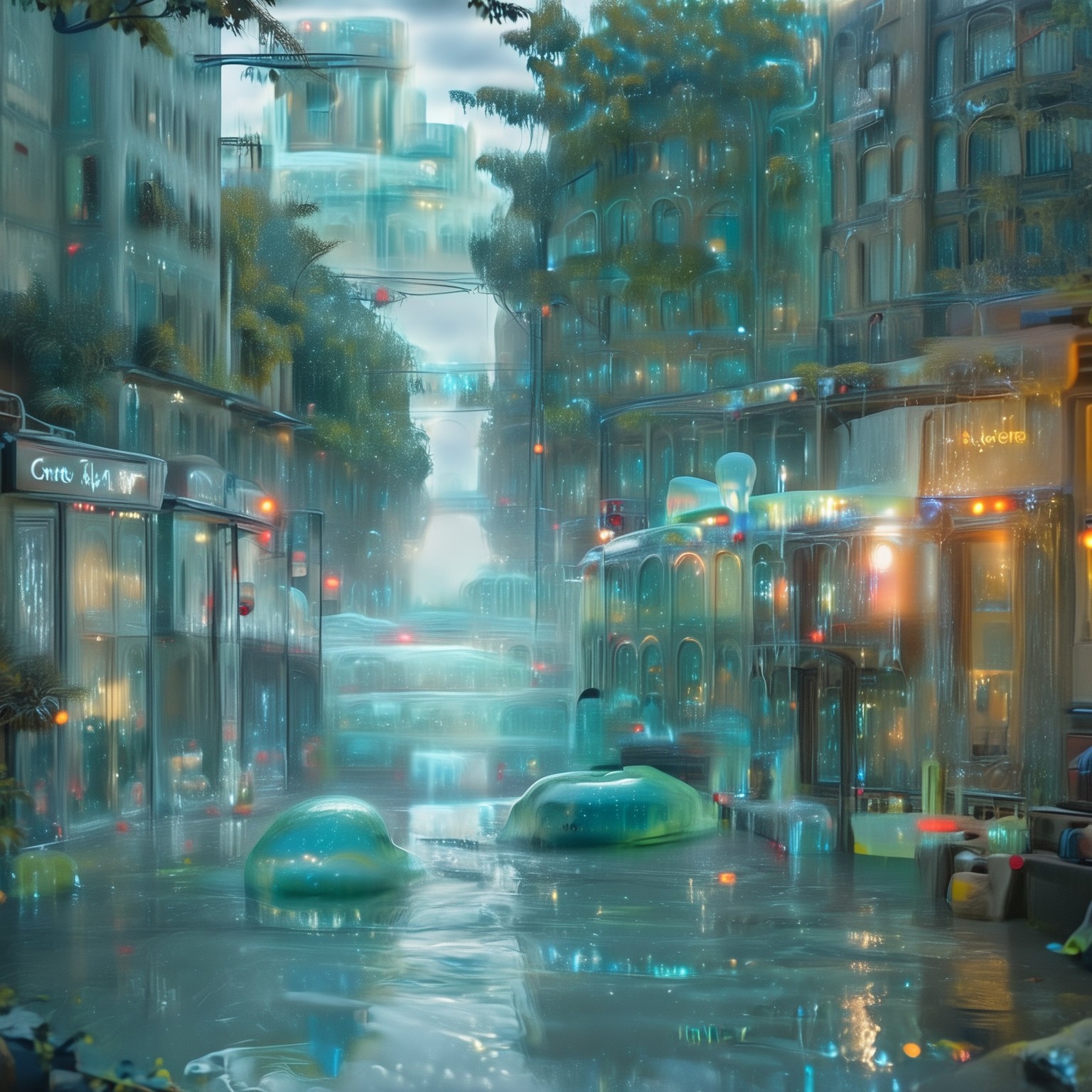 a detailed city street made out of slime, building, buildings made out of slime, ground vehicle, vehicles made out of slime, detailed scenery made out of slime, real world location, city street, city street made of slime,
everything made of slime, No simple background, ((slime tree)), detailed leaves, detailed bark texture, 
overcast sky, natural light, no bright spots, 
((translucent slime)), ((transparent slime)), made of water, (bioluminescent slime), sl1m3, slime, slime-morph, ais-blmn, saturated colors, no creatures, no humans, no monsters, no pokemon, scenery only, scenery, ral-lava, watce