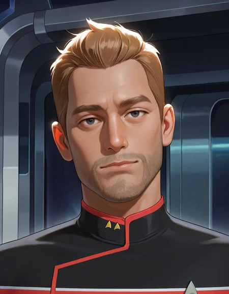 masterpiece, best quality, newest, perfect quality, best quality, detailed background, intricate details, male focus, realistic, solo, <lora:Star Trek Lower Decks - Jack Ransom - Illustrious-000006:0.7> jackrans0m, 1boy, mature male, muscular, black eyes, stubble, star trek uniform, red two-tone uniform, spacecraft interior, looking at viewer, portrait, head tilt
