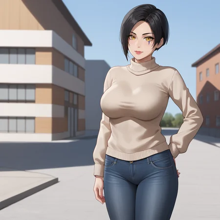 <lora:shahdee_pony_v1:.8> Shahdee, 1girl, large breasts, black hair, yellow eyes, short hair, facial mark,tattoo,  cowboy shot, sweater, jeans
