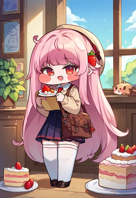 score_9,score_8_up,score_7_up,source_anime,zPDXL3,
*//*,<lora:Trickal_Revive-Pony:1>,1girl, cake, food, skirt, thighhighs, solo, long hair, hat, window, smile, hair ornament, blush stickers, holding, indoors, red eyes, pleated skirt, sweater, plate, open mouth, long sleeves, very long hair, chibi, necktie, strawberry, looking at viewer, fruit, bag, book, bangs, pink hair