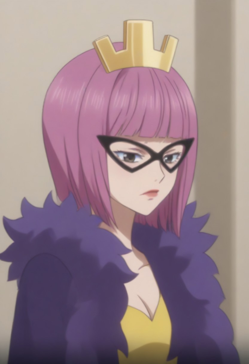 source_anime, anime screencap, source_anime, auratheguillotine, anime screencap, masterpiece, source_anime, shiny skin,,, KinderellaOP, 1girl, solo, tall woman, pink purple hair, bangs, bob cut, black eyes, lips, red lipstick, crown, long yellow dress, cleavage, dress with cutout, dark cape, wide hips, long light-colored gloves, eye-mask,