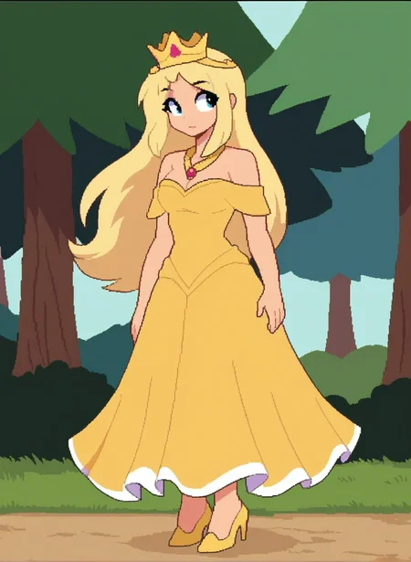 1girl, solo, full body, outdoors, forest, <lora:Kukul_pony:1>, jaggy lines, Kukul, blonde hair, long hair, crown,
gold dress, jewelry, off shoulder, princess, bare shoulders, Golden High Heels, necklace