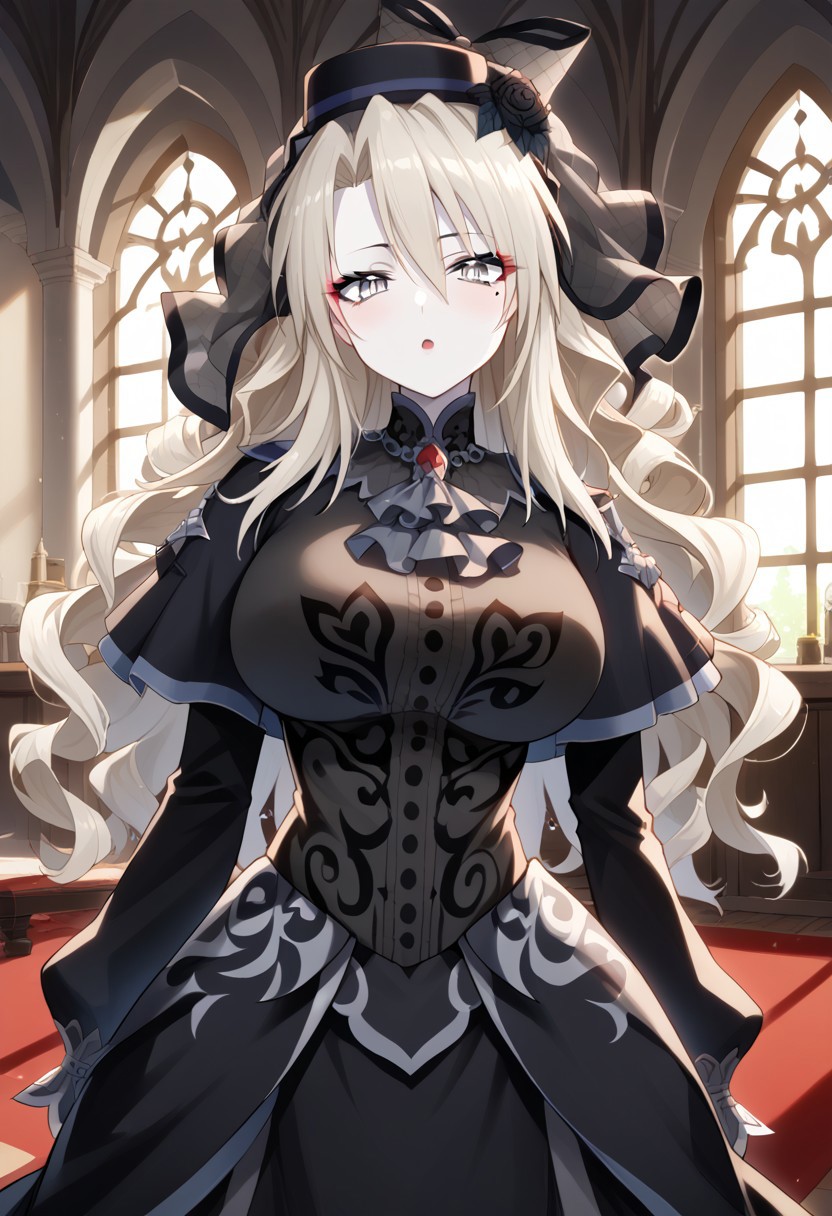 score_9, score_8_up, score_7_up, source_anime, Expressiveh, good_hands, best quality, masterpiece, newest, 4k, uncensored, prefect lighting, very aesthetic, indoors, medieval style bedroom, window, day, BREAK
1girl, solo, pale skin, grey eyes, grey hair, long hair, curly hair, mole under eye, makeup, hat, veil, rose, black dress, ascot, capelet, long skirt, <lora:Kriemhild:1>, large breasts, huge breasts, BREAK 
standing, looking at viewer,