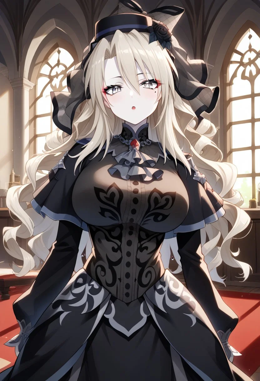 score_9, score_8_up, score_7_up, source_anime, Expressiveh, good_hands, best quality, masterpiece, newest, 4k, uncensored, prefect lighting, very aesthetic, indoors, medieval style bedroom, window, day, BREAK
1girl, solo, pale skin, grey eyes, grey hair, long hair, curly hair, mole under eye, makeup, hat, veil, rose, black dress, ascot, capelet, long skirt, <lora:Kriemhild:1>, large breasts, huge breasts, BREAK
standing, looking at viewer,