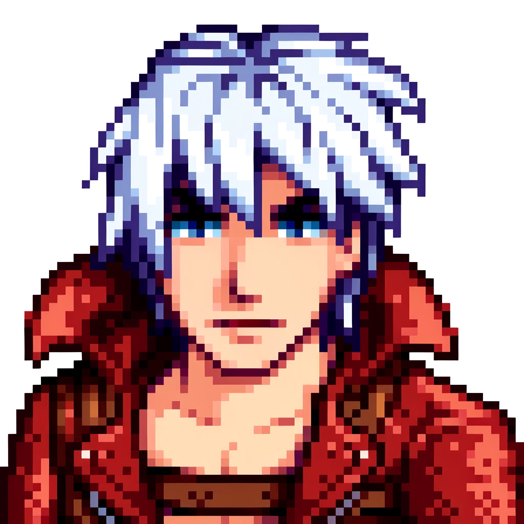 score_9, score_8_up, score_7_up, source_anime, BREAK, solo, 1boy, looking at viewer, <lora:Stardew-Valley-Portraits-pdxl_Fp:1>, portrait, simple background, pixel art, white background, <lora:dmc3_dante_ponyXL:1>, dmc3dante, red coat, bandeau, white hair, blue eyes,