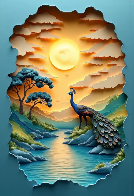 thick layered papercut art of 
In pastel hues and romantic artistry, this fantastical painting captures a single peacock sipping from a tranquil lake at sunset. Shadows dance across the sky as clouds drift by. The setting sun bathes the scene in a warm, golden light, creating an ethereal atmosphere.
The peacock’s feathers are rendered with exquisite detail, each scale shimmering under the artist’s skilled hand. The clouds in the background transition from soft yellows and oranges to deep blues and golds, enhancing the dreamlike quality of the scene.
Reminiscent of fantasy art, the painting focuses on intricate details and a sense of wonder. It is a true masterpiece, showcasing the artist’s exceptional ability to capture the beauty and majesty of nature in a surreal and imaginative way.  
deep 3D, volumetric, dimensional, depth, thick paper, high stack, heavy texture, tangible layers, 
beautiful, detailed, textural, artistic, vivid, vibrant,  aesthetic, intricate details, highly detailed, ultra-detailed, absurdres, 
aidmaMJ6.1, Papercut