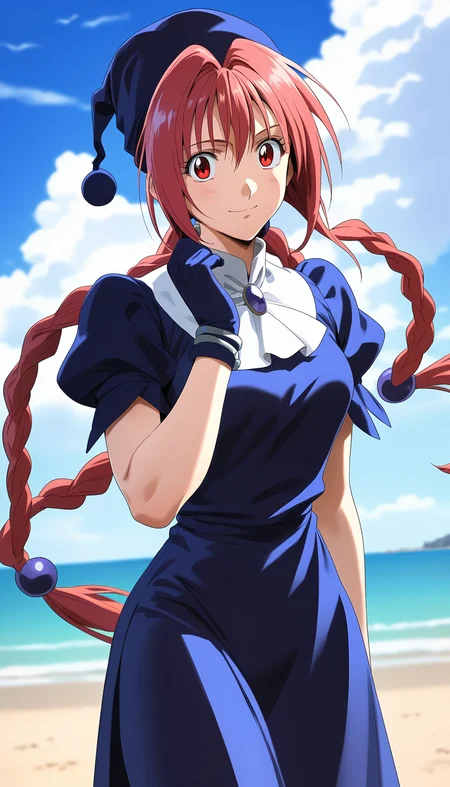 score_9,score_8_up,score_7_up,
<lora:dorothy>,doroshii,1girl,solo,
pale skin,red eyes,long pink hair,bangs,two braided pigtails,black scrunchie,black cap with ball on end,
dress with slit on left side up to hip,large bow on lower back,short puffed sleeves,tight around torso,shows breast shape,white collar,mail coach tie,dark purple jewel on tie,black gloves up to elbows,
looking at viewer,smile,
outdoors,beach,soft clouds drifting,summer,
vignetting,blurry background,
facing viewer,
cowboy shot,