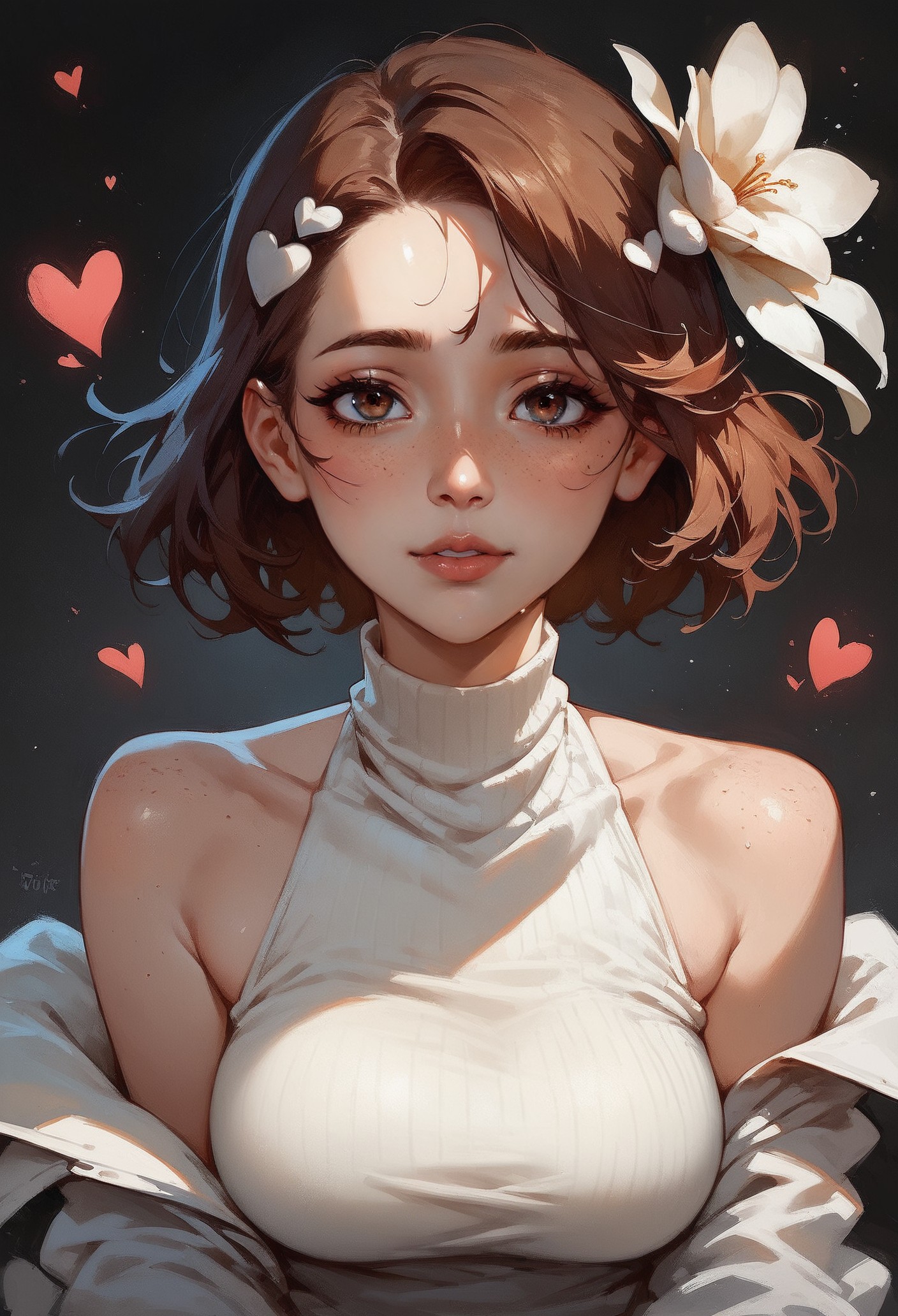 score_9, score_8_up, score_7_up,  1girl, full body, solo, expressive, hearts, dynamic, brown hair, short hair, brown eyes, pale skin girl, pale skin, freckles, turtleneck, bare shoulders, blush, white tulip hair ornament, looking_longingly, seductive, sexy_woman, black background  <lora:sdxl/Expressive_H-000001:0.8> <lora:sdxl/pony_twilight_style:0.8>