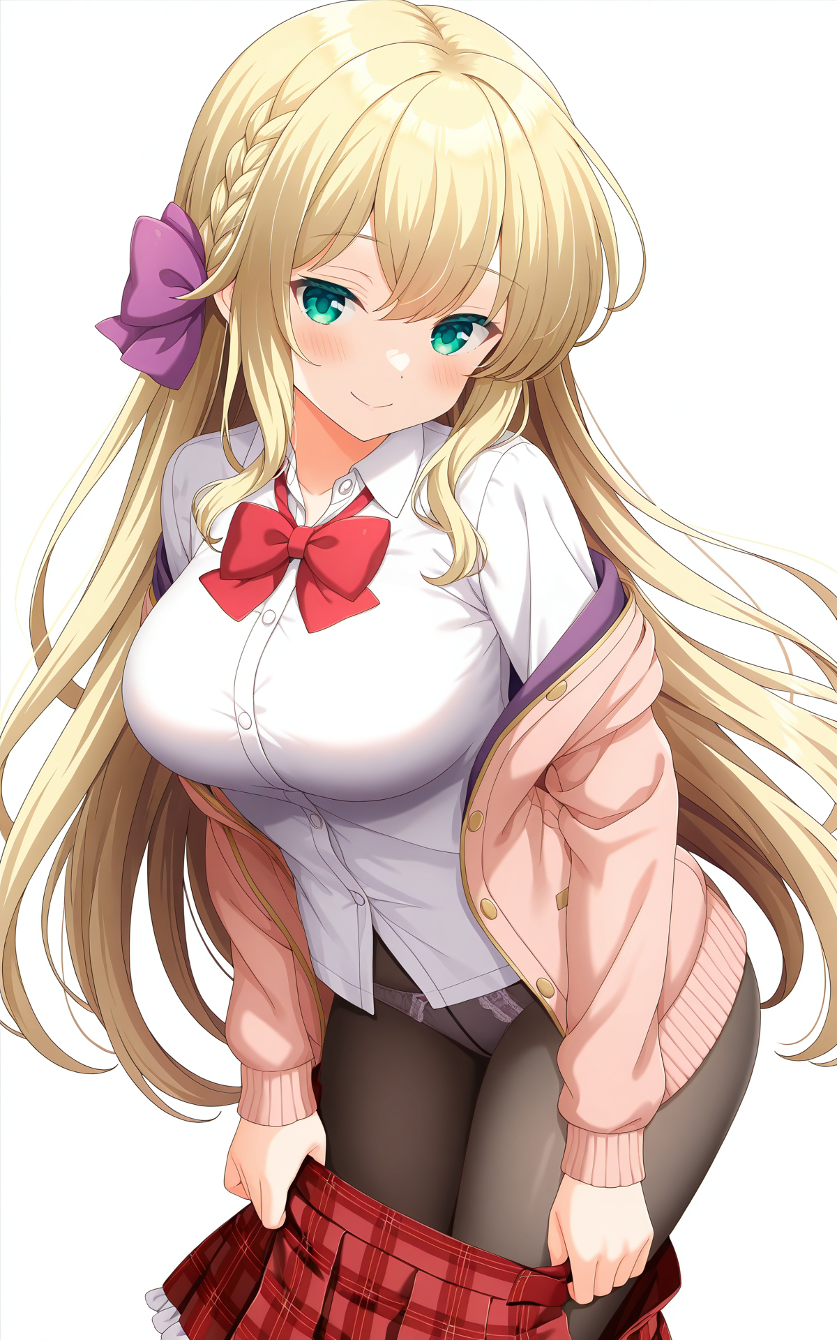 masterpiece, best quality, good quality, newest,4k, perfect lighting, cinematic, very aesthetic, official art, anime screencap, anime coloring,(((white background, simple background))),
1girl, solo, mochizuki erena,(blonde hair:1.2),brown hair,long hair,braid,hair bow,wearing hair bow only on the side,green eyes,large breasts,
seio school uniform,pink cardigan,open cardigan,white shirt,collared shirt,red bowtie,red skirt,plaid skirt,frilled skirt,miniskirt,black pantyhose,panties under pantyhose,
looking down,looking at viewer,blush,seductive smile,undressing skirt,skirt pull,pulled by self,BREAK
<lora:ILerena:0.9>