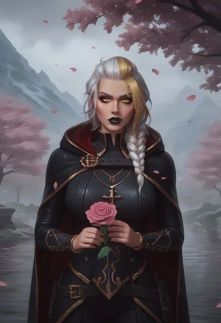 score_9, score_8_up, score_7_up, (realistic:1.2), mysterious girl, alluring goddess,, smooth, very detailed, etra detailed, intricate details, highly detailed, masterpiece, best quality, amazing quality, (wet hair:1.2), 1girl, solo, cherry blossoms falling around her, misty mountains in the background, focused and serene expression, mature female, curvy, Jaina Proudmoore, 1girl, mature female, white hair, blonde hair, yellow eyes, pupils, storm, anchor necklace, (3/4 body shot:1.3), dark, thunder, rainy:1.2, windy:1.2, mountains at the background, (burgundy lightning:1.2), black lips, sith lord, star wars, sith, black hood, black cape, hood on head, turtleneck, (total black clothing:1.2),, (close up face), jainapost, (fully clothed), (she holding pink rose:1.3), (looking at object), (she is looking at rose in her hand:1.2),,roses, pink roses, roses, rose petals, rose, (dramatic atmosphere), (detailed background), side view, (head down:1.1)