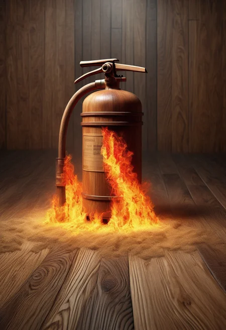masterpiece, absurdres, low angle shot, cinematic, a wooden fire extinguisher on fire, surrounded by flames, yellow flame, red flames, smoke, sawdust and wood shavings