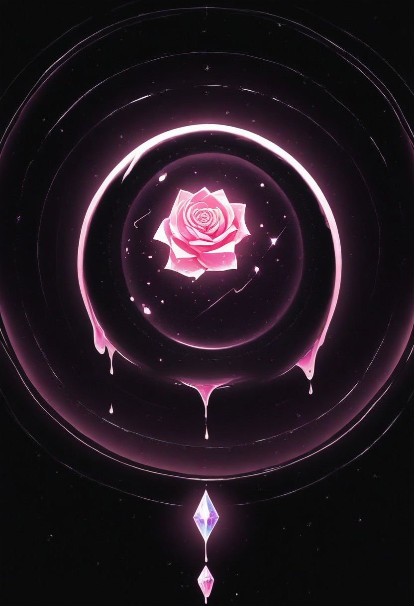 (masterpiece), best quality, Anime, Illustration, (Floating Sphere, Crystal, Magic, Reflection, Melting, Dripping, Pink Rose), Black Background, No Humans, Starry Theme, (Light Refraction), White and Pink Theme, Natural Lighting, symphtia-style