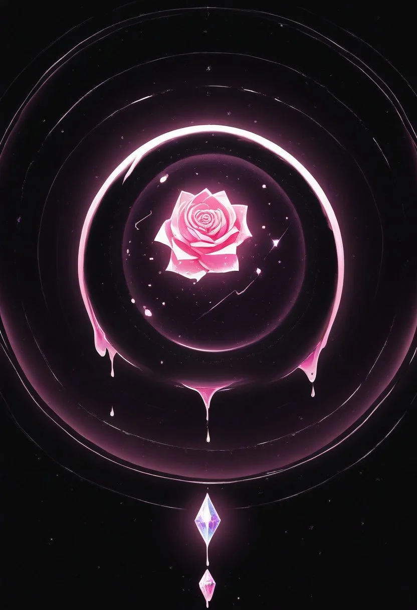 (masterpiece), best quality, Anime, Illustration, (Floating Sphere, Crystal, Magic, Reflection, Melting, Dripping, Pink Rose), Black Background, No Humans, Starry Theme, (Light Refraction), White and Pink Theme, Natural Lighting, symphtia-style