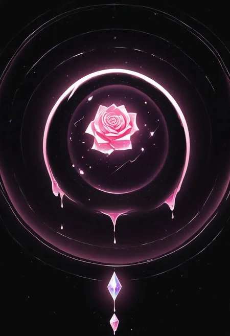 (masterpiece), best quality, Anime, Illustration, (Floating Sphere, Crystal, Magic, Reflection, Melting, Dripping, Pink Rose), Black Background, No Humans, Starry Theme, (Light Refraction), White and Pink Theme, Natural Lighting, symphtia-style