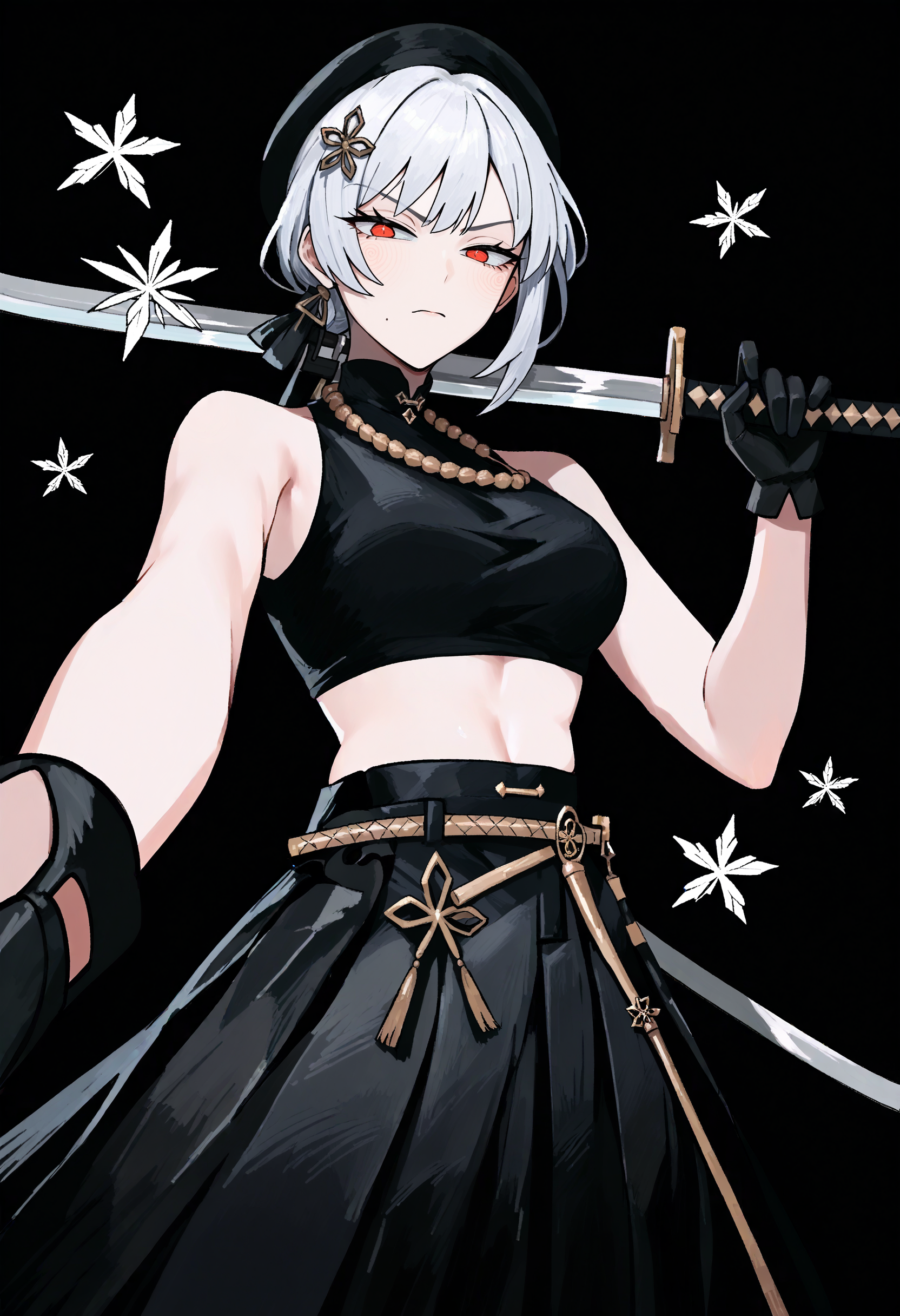 score_9, score_8_up, score_7_up, score_6_up, score_5_up, score_4_up,
BREAK
1girl, sanhua, red eyes, white hair, black beret, short hair, low ponytail, mole under mouth, bangs, hair ornament, blush, flustered, looking to the side, looking away, half-closed eyes,
BREAK
solo, from below, pantyshot, black crop top, turtleneck, sleeveless, black skirt, layered skirt, long skirt, skirt lift, from below, skinny, black gloves, holding sword, fighting stance, snowflakes, katana,
BREAK
black background, simple background, perspective, dynamic pose, dark, <lora:Lunas-Zzeeonn-SDXL-A1:1> <lora:Lunas-Sanhua-Wuthering Waves-SDXL-A3-000004:1>