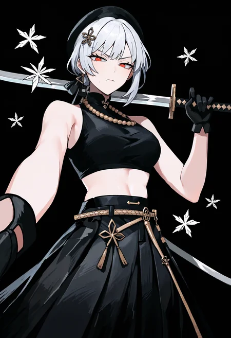 score_9, score_8_up, score_7_up, score_6_up, score_5_up, score_4_up,
BREAK
1girl, sanhua, red eyes, white hair, black beret, short hair, low ponytail, mole under mouth, bangs, hair ornament, blush, flustered, looking to the side, looking away, half-closed eyes,
BREAK
solo, from below, pantyshot, black crop top, turtleneck, sleeveless, black skirt, layered skirt, long skirt, skirt lift, from below, skinny, black gloves, holding sword, fighting stance, snowflakes, katana,
BREAK
black background, simple background, perspective, dynamic pose, dark, <lora:Lunas-Zzeeonn-SDXL-A1:1> <lora:Lunas-Sanhua-Wuthering Waves-SDXL-A3-000004:1>