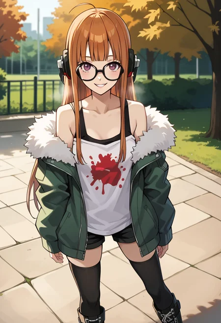 score_9, score_8_up, source_animem
1 girl, solo, cute face,
p5futaba, sakura futaba, long hair, glasses, blunt bangs, orange hair, ahoge
p5-futaba-winter, behind-the-head headphones, fur-trimmed jacket, green jacket, shirt, tank top, off shoulder, bare shoulders, black shorts, black thighhighs, boots, knee boots
outside, park, cold, standing, looking at viewer, smile,
masterpiece, best quality, ultra detailed,