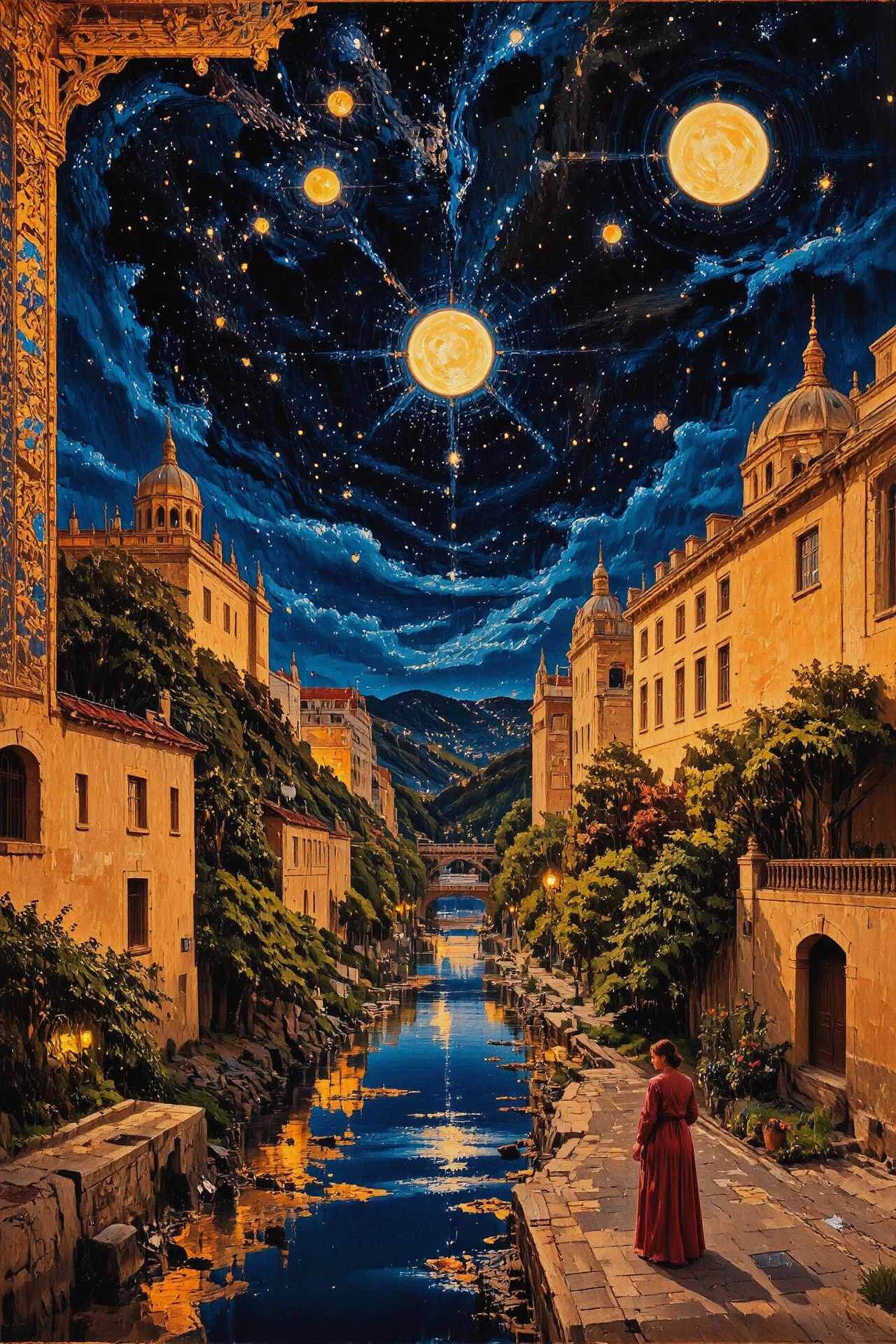 (roman city) Gabonese bright luminous starry night, beautiful landscape, woman, intricate, very detailed, sharp, colorful, multilayer surreal painting,  <lora:Hand v2:1> <lora:Anti-Blur:1> <lora:Insane Detail Slider:0.5>   <lora:Flux.1_Turbo_Detailer:0.6> <lora:flux-photo-transparent_Alpha_1.0:0.8> <lora:flux.1_lora_flyway_Epic-detail_v2:0.6> <lora:Painterly01b_CE_FLUX_AIT:1> pntrlyCE_style, <lora:VividlySurreal:0.8>