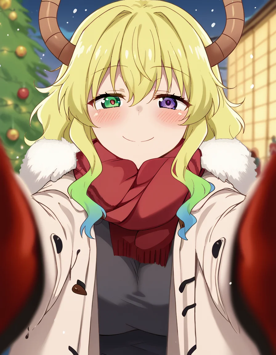 score_9, score_8_up, score_7_up, source_anime, <lora:dragon-lucoa-s2-ponyxl-lora-nochekaiser:1>, lucoa, blonde hair, blue hair, dragon girl, gradient hair, green hair, hair between eyes, horns, huge breasts, multicolored hair, green eyes, purple eyes, yellow pupils, heterochromia,, <lora:pov-cheek-warming-ponyxl-lora-nochekaiser:1>, pov cheek warming, pov cheek warming (meme), winter gloves, duffel coat, fur-trimmed scarf, winter clothes, red mittens, meme, winter coat, red scarf, fur-trimmed coat, reaching towards viewer, reaching, mittens, fur-trimmed hood, white coat, open coat, scarf, coat, red gloves, snowing, pov, fur trim, depth of field, smile, blush,, christmas, christmas tree, christmas lights,,