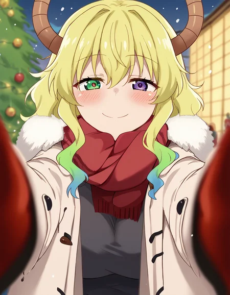 score_9, score_8_up, score_7_up, source_anime, <lora:dragon-lucoa-s2-ponyxl-lora-nochekaiser:1>, lucoa, blonde hair, blue hair, dragon girl, gradient hair, green hair, hair between eyes, horns, huge breasts, multicolored hair, green eyes, purple eyes, yellow pupils, heterochromia,, <lora:pov-cheek-warming-ponyxl-lora-nochekaiser:1>, pov cheek warming, pov cheek warming (meme), winter gloves, duffel coat, fur-trimmed scarf, winter clothes, red mittens, meme, winter coat, red scarf, fur-trimmed coat, reaching towards viewer, reaching, mittens, fur-trimmed hood, white coat, open coat, scarf, coat, red gloves, snowing, pov, fur trim, depth of field, smile, blush,, christmas, christmas tree, christmas lights,,