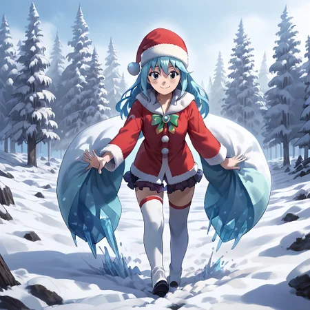 best quality, highres, high resolution, score_9, score_8_up, score_7_up, score_6_up, score_5_up, score_4_up, 1 female, aqua is wearing Santa outfit, her outfit is made of snow crystals, (Aqua_(Konosuba):1), fr0stwrld, snow, ice, <lora:Fr0stWrld-v10:1.2> , <lora:Aqua Pony:1> ,full body, front yard of a house in snow forest, snow background, standing , anime pose, happiness face