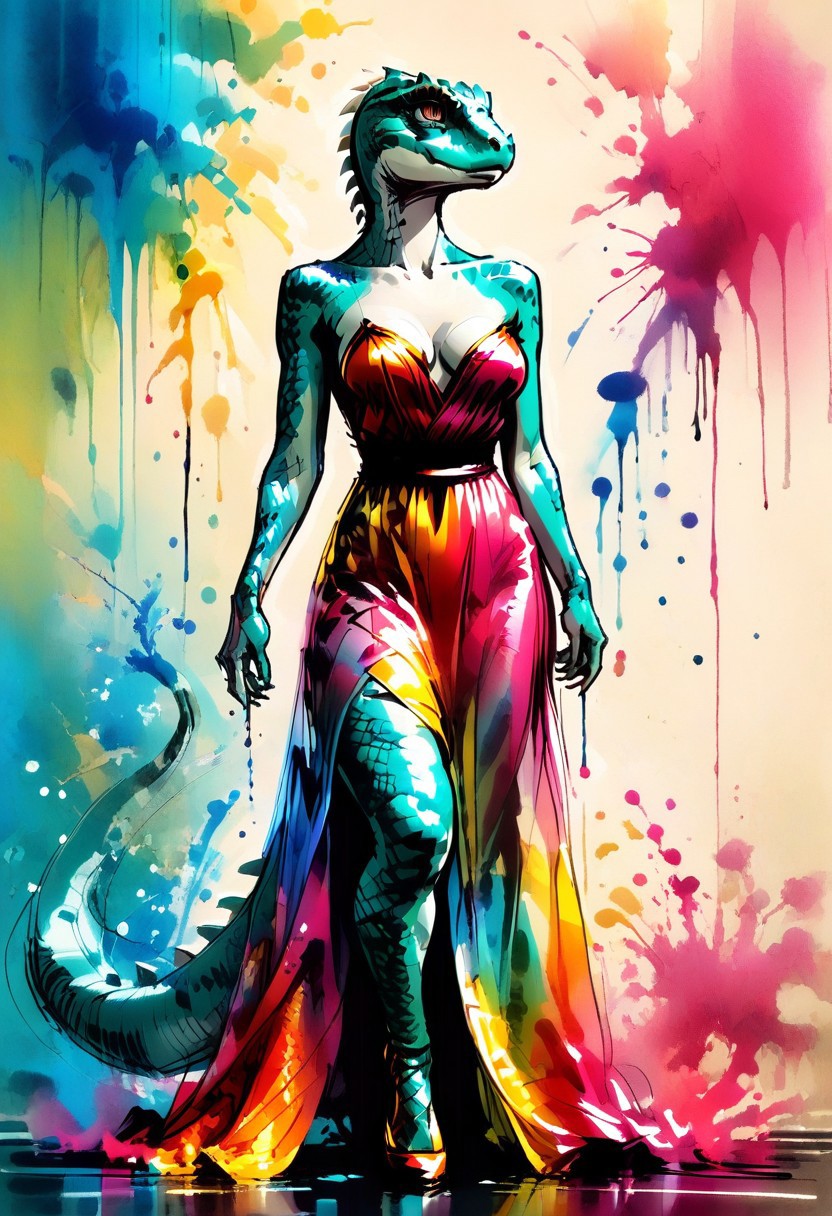 ink sketch, furry, lizard, lizard head, mutant girl, solo, translucent temptation colorful, full body, beautiful colorful dress, playboy poses, ink splash background, long tail