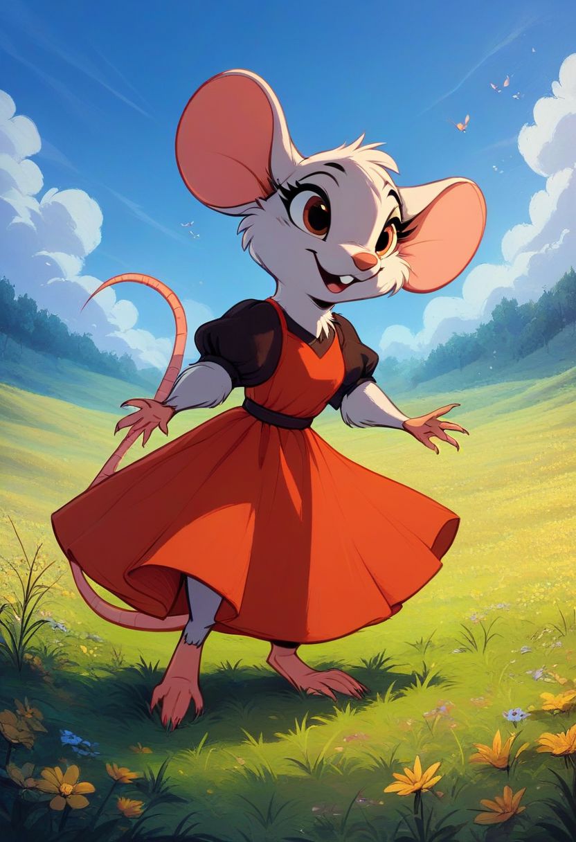 score_9, score_8_up, score_8, solo, (fluffy:0.8), (feral), furry, (((mouse))), female, claws, (fluffy cheeks:0.7), (dress), (solo:2), j_cartoon, cute, field, grass, hillside