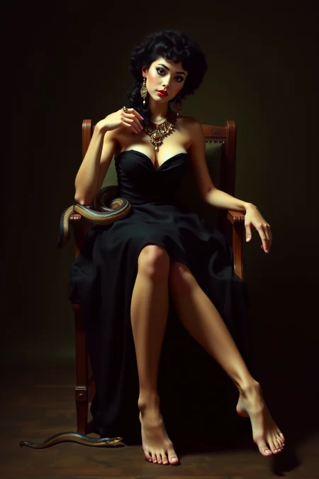 score_9, score_8_up, score_7_up, Stylized reinterpretation of Orientalist photography,, masterpiece, best quality1girl, solo, breasts, looking at viewer, black hair, dress, jewelry, bare shoulders, sitting, full body, earrings, black eyes, necklace, barefoot, spread legs, feet, lips, toes, chair, black dress, curly hair, no bra, arm support, snake, interspecies