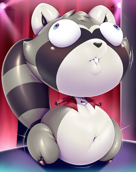 by mleonheart, solo, raccoon, anthro, male, procyonid, nightclub, inflating, head inflation, monorump, inflated legs, best quality, highly detailed,  <lora:MaleInflationXL_042-Noob-nd64-na16-lr2-ep10:1>