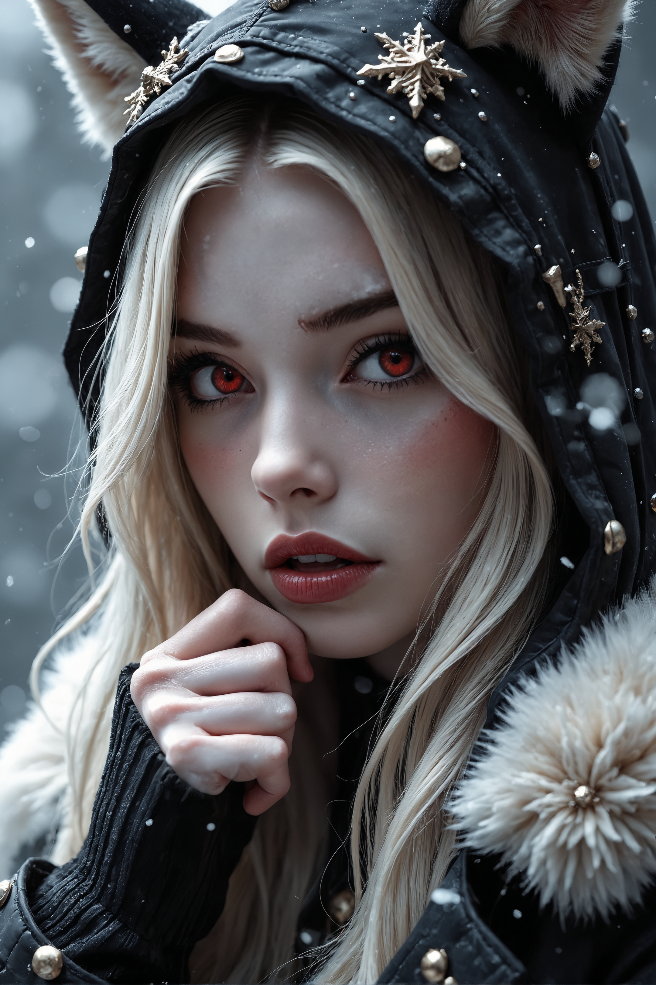 close-up of a stunning gothic style young woman with long straight blonde hair, detailed red doe eyes, full lips, tinted lip gloss, flushed, perfect skin, large fangs, fur coat with hood and animal ears on hood,  volumetric lighting, realistic and delicate facial features, light snow fall with large snow flakes,  photorealistic rendering, One hand resting on the chin, shoulders slightly hunched, head tilted slightly downwards.,<lora:FredFraiStyle-FLUX-Share>