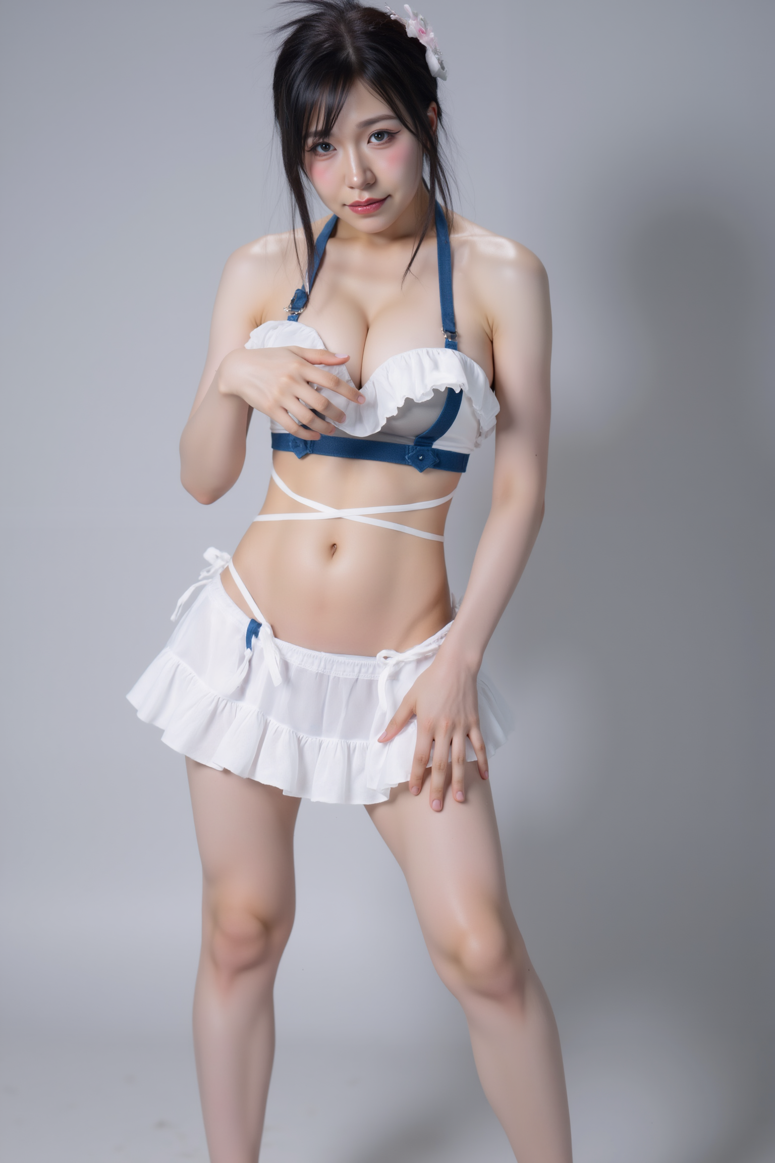 A professional, high-resolution image of a young woman is posed standing in a natural S-curve in the body silhouette. This classic posing technique creates visual interest and a sense of elegance.

She is wearing a blue and white SGWN98Clothing. Her makeup is dramatic, with dark eyeliner and bold, glossy pink lips. 

The lighting features a high-contrast, monochromatic white color scheme that creates a moody, intimate atmosphere. 

The photography technique uses what appears to be soft lighting to create a glamorous effect, with careful attention to highlighting contours while maintaining the dominant light brown color scheme throughout the frame.

The overall aesthetic combines elements of fashion photography, traditional Asian visual motifs, and contemporary boudoir styling. The dramatic light brown lighting creates a cohesive visual theme that ties all elements of the composition together.

The white light emit on her to show her feature.