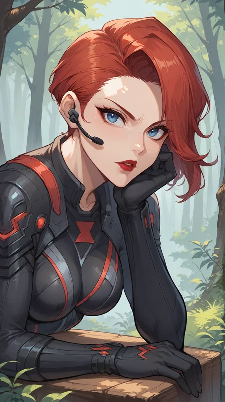 score_9,score_8_up,score_7_up,score_6_up, <lora:xl_more_art-full_v1:0.5>, source_anime, woman, dynamic pose, head rest, <lora:Black Widow - Pony:0.8>, red hair, side swept hair, asymmetrical hair, blue eyes, black bodysuit, multicolored bodysuit, headset, red lips, black gloves, empty hands, forest, harsh shadows, in shade,