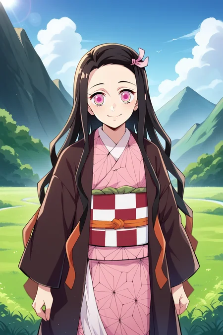 score_9, score_8_up, score_7_up, score_6_up, score_5_up,score_4_up BREAK source_anime,official style, kamado nezuko,1girl,solo,cowboy shot,upper body,magenta pupils,black hair,two-tone hair,very long hair,black haori,pink kimono, checkered obi, pink hair ribbon,long sleeves,standing,looking at viewer,closed mouth,arms at sides,mountain,grass, smile, sunlight, dawn, grass,hill <lora:NezukoPony_v2:1>