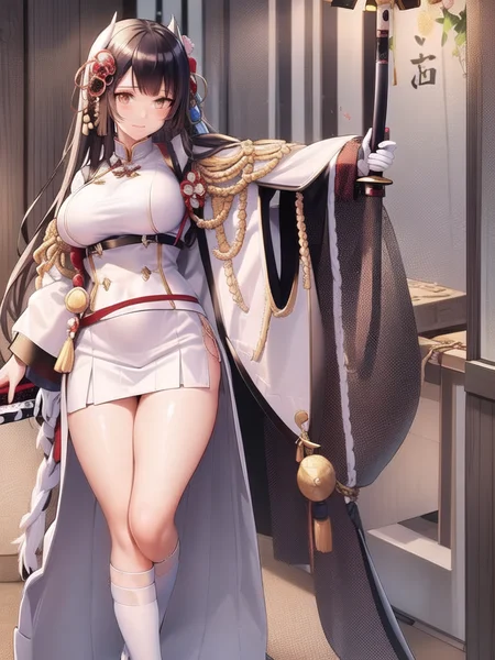 1girl, Hiei, a woman in a white_HI_uniform, white cape, white_Hhorns, HIE_hairaccessories on her head, holding a katana sword, temple background, big breasts, mature, (masterpiece:1.4),(best quality:1.4),(shiny skin),realistic <lora:HieiV2-000013:0.6>
