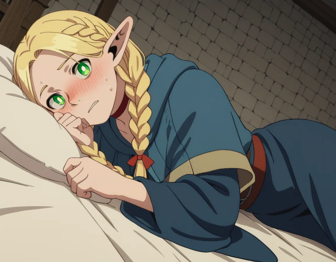 score_9, score_8_up, score_7_up, source_anime,
marcilledonato, <lora:marcille-donato-s1-ponyxl-lora-nochekaiser:1>,
marcille donato, long hair, blonde hair, green eyes, braid, pointy ears, twin braids, elf, bright pupils, parted bangs,
choker, robe, red choker,
indoors, bed, bed room, on side, blush, drunk,
looking at viewer, solo, cowboy shot, dutch angle,
