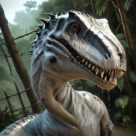<lora:feralraptorxl:0.987>, feralraptorxl, source_furry_feral, solo, indominous rex (jurassic park), (t-rex), (tyrannosaurus:1.2), (horns), studs, white body, cowboy shot, beautiful, portrait, flat chest, curvy, wet, sweat, feminine, lizard tail, bedroom eyes, glistening, scales, seductive, white body, flirtatious, realistic detailed skin, portrait, upper body, dynamic pose, dutch angle, face focus, mouth focus, looking at viewer, detailed scales,  jurassic park electric wire fence, theme park, jungle, at night, gothic, large teeth
score_9, score_8_up, score_7_up,  <lora:add-detail-xl:1.4>,  <lora:d4rk01lXLP:0.2>