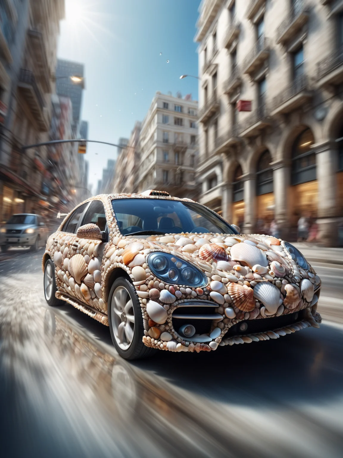 car made of mad-seashell speeding through city, motion blur, underwater, <lora:Sea_Shells_SDXL:0.6>, (masterpiece:1.2), best quality, (hyperdetailed, highest detailed:1.2), high resolution textures