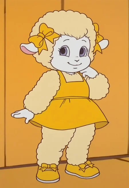 Woolma, 1girl, solo, sheep girl, wool, yellow dress, yellow bow, yellow shoes, standing, looking at viewer, smiling