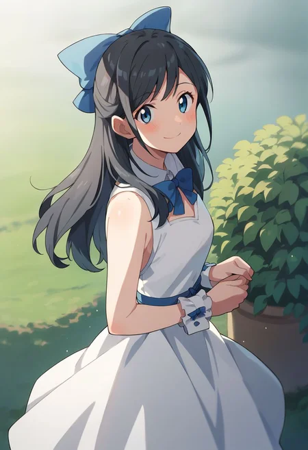 score_9, score_8_up, score_7_up, source_animehina amano, blue eyes, black hair, 1girl, solo, smile, long hair, dress, looking at viewer, bow, blush, hair bow, wrist cuffs, white dress, outdoors