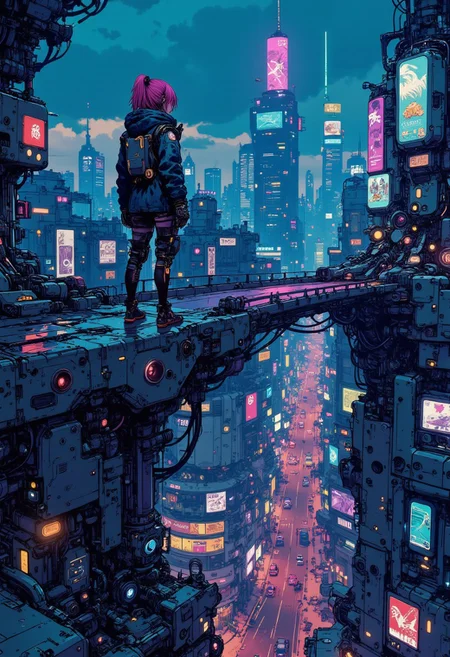 in the style of cksc, studio anime art, detailed ink sketch, high quality digital illustration. Standing at the edge of a high-tech bridge suspended between two skyscrapers, a lone female drifter gazes out over a sprawling cyberpunk cityscape. Her hair is streaked with neon highlights, glinting in the endless glow of digital billboards flashing advertisements. Her skin is almost metallic, embedded with cybernetic enhancements that pulse softly, echoing the rhythmic beats from the streets far below. The city stretches infinitely, layers of elevated roads intertwined with neon-drenched buildings, while streaks of rain blur the endless glow of skyscrapers disappearing into the sky. She stands as if lost in thought, a symbol of human resilience in a mechanical world. (hyperdetailed cityscape and neon lighting:1.1), (intricate details in character and reflections:1.1), (Refined rain and lighting effects:1.1), (best quality:1.1), (high resolution:1.2)