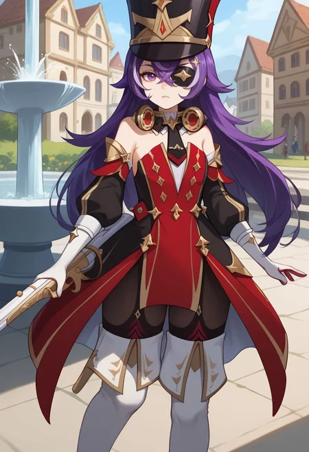 score_9, score_8_up, score_7_up, source_anime, 1girl, chevydef, purple eyes, purple hair, streaked hair, long hair, pointy hair, hair between eyes, eyepatch, mole under mouth, earmuffs, shako cap, gold trim, black necktie, red dress, strapless dress, puffy detached sleeves, bare shoulders, black headwear, detached collar, white gloves, black pantyhose, white footwear, thigh boots, standing, expressionless, looking at viewer, outdoors, renaissance town, fountain, cowboy shot, holding weapon, rifle, musket, <lora:Chevreuse_v1-000010:1>