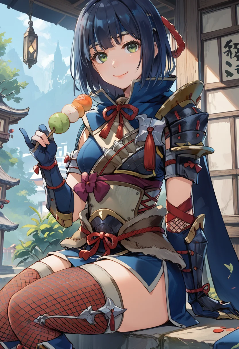 (score_9:0.9),score_8_up,score_7_up,rating_safe,realsitic,(zPDXL),<lora:kamura armor ponyXL v1:0.76>,1girl,solo,blue headband,smile,short hair,sitting,green eyes,blue hair,blue gauntlets,looking at viewer,fishnet thighhighs,black hair,blue scarf,kamura armor,blue knee boots,black shoulder armor,wagashi,holding food,village,