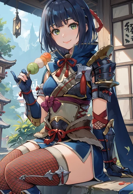 (score_9:0.9),score_8_up,score_7_up,rating_safe,realsitic,(zPDXL),<lora:kamura armor ponyXL v1:0.76>,1girl,solo,blue headband,smile,short hair,sitting,green eyes,blue hair,blue gauntlets,looking at viewer,fishnet thighhighs,black hair,blue scarf,kamura armor,blue knee boots,black shoulder armor,wagashi,holding food,village,